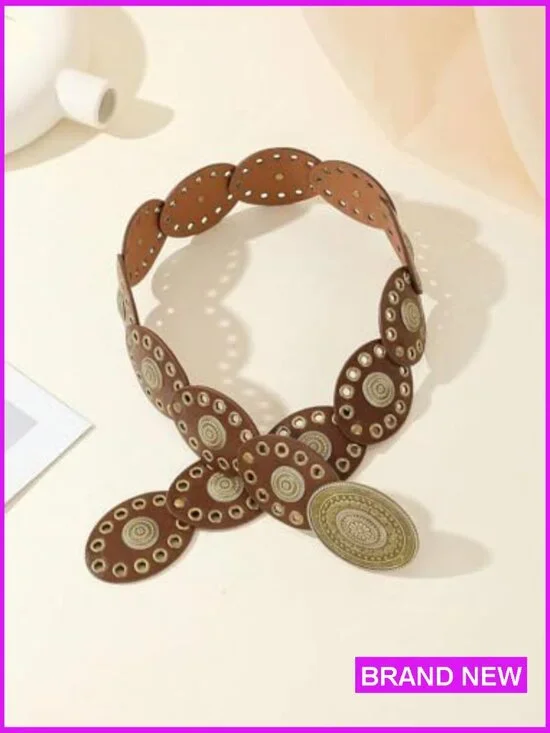 Wide Western Leather Belt Boho Concho Buckle Adjustable Vintage Cowgirl Style - Picture 4 of 6